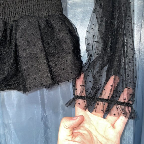 SHEIN Black Dobby Mesh Sleeve Shirred Bardot Peplum Top Polka Dot - Sz L - Picture 3 of 5